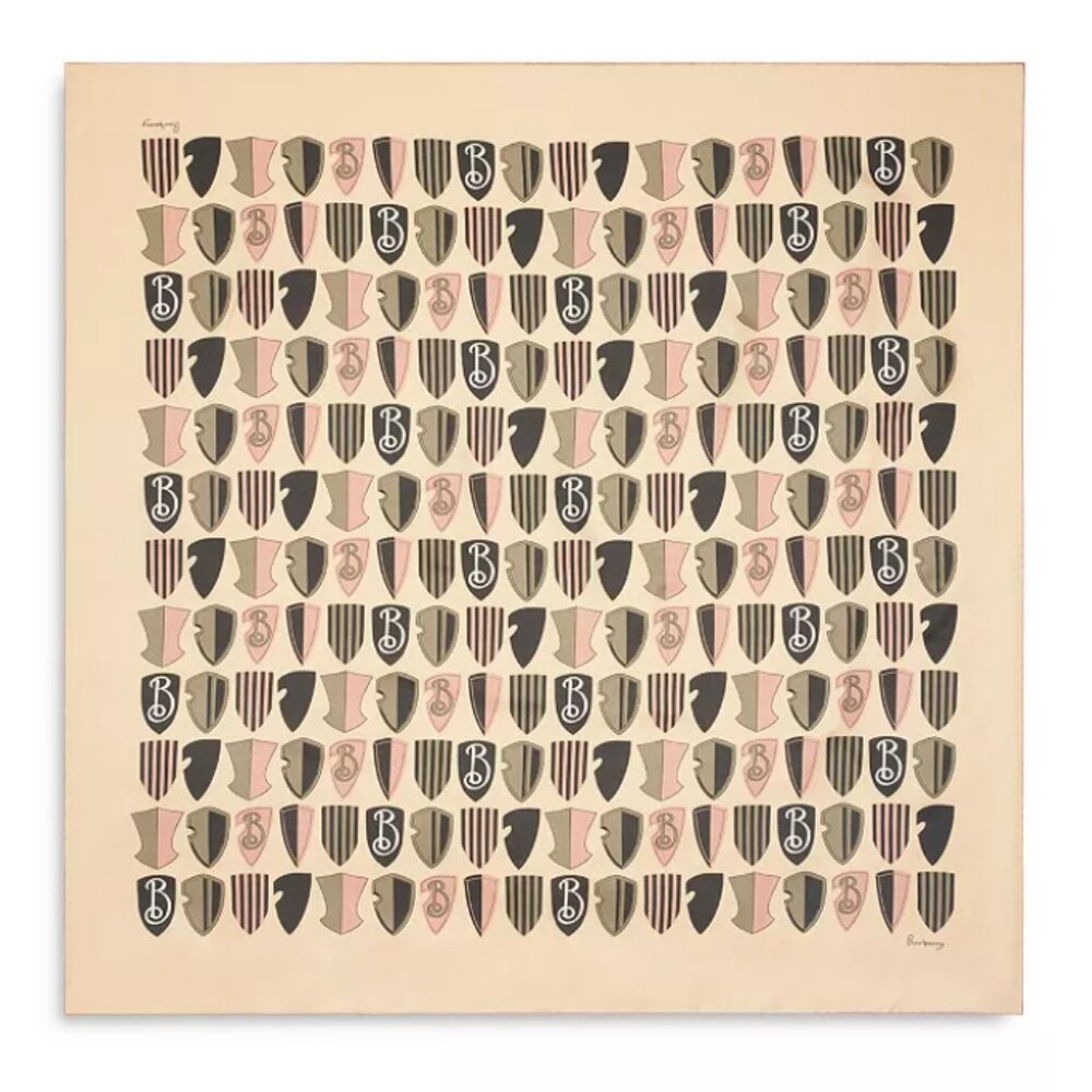 Burberry Beige Black Pink Shield Motif Silk Scarf
